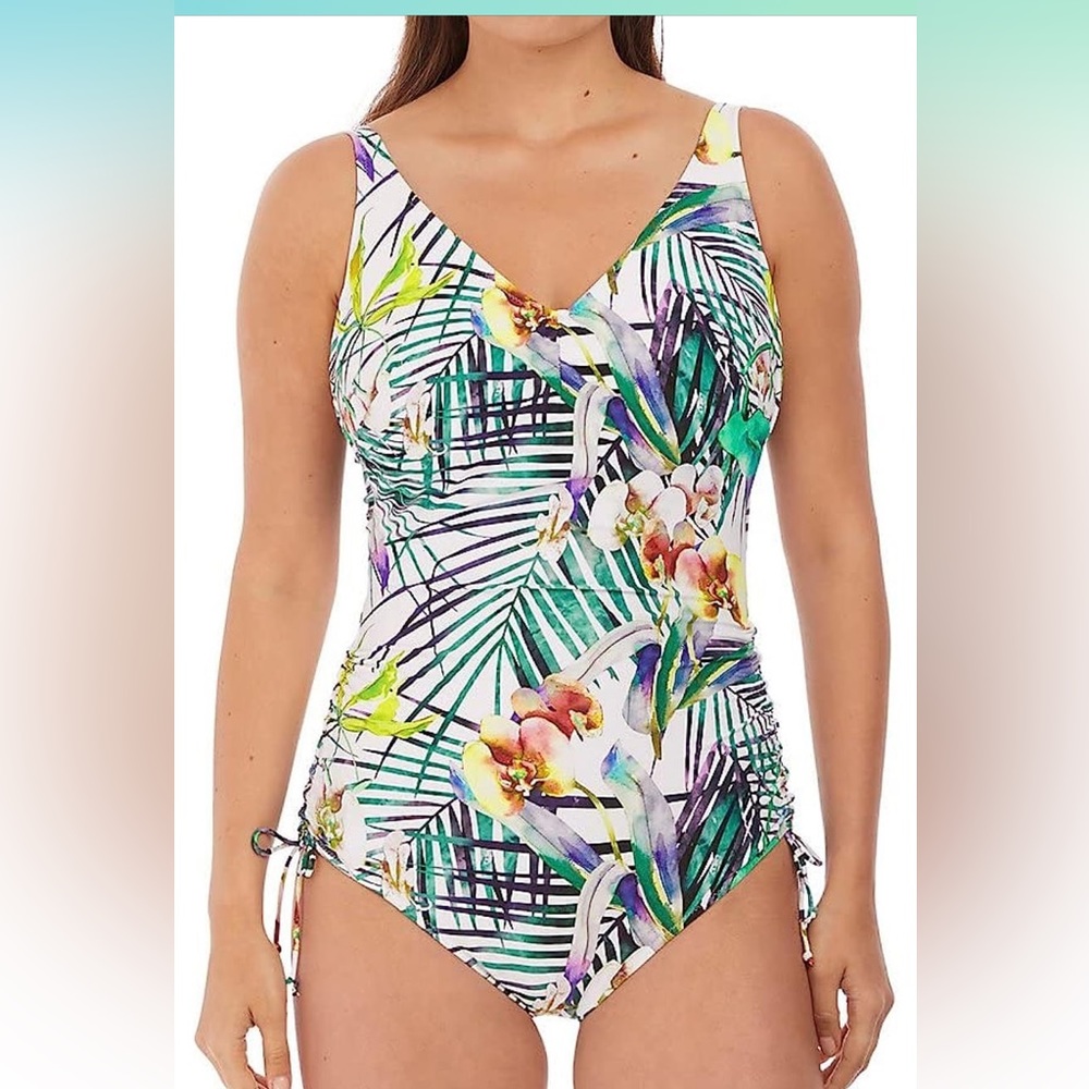 Fantasie Tropical Floral One-Piece Swimsuit in White, Green & Purple 34I